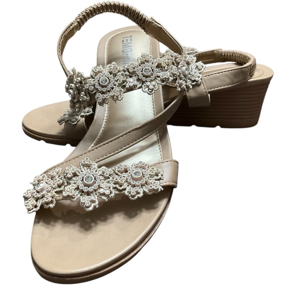 Temofon Women’s Sandals Flat Dressy Summer Flower with Ankle Strap Size 8.5 NEW